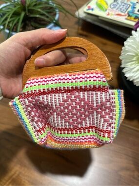 Woven Multicolor Handheld Bag with Wooden Handle- purchased in Oaxaca Mexico